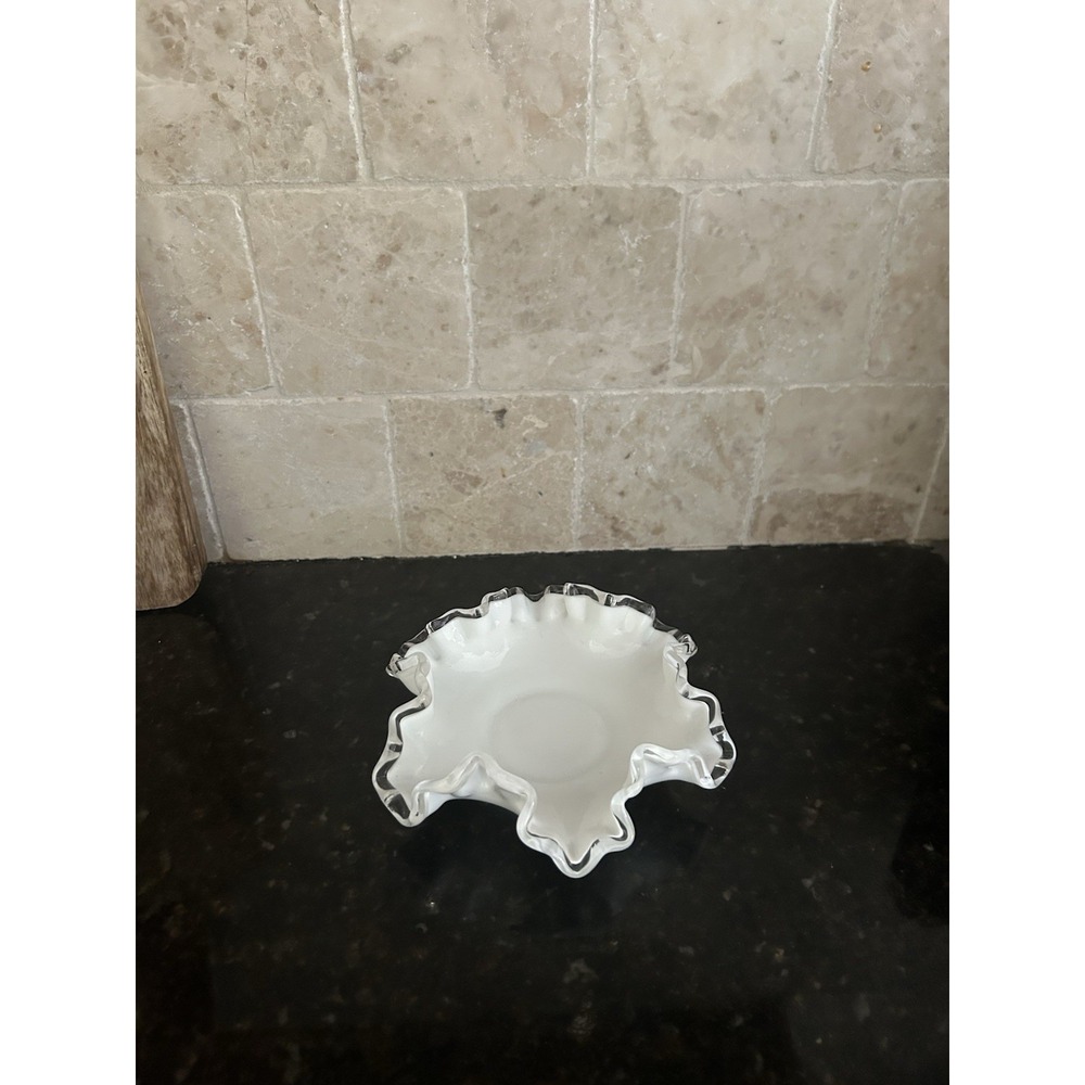 Vintage Fenton Ruffled Milk Glass Bowl Candy Dish Cottagecore
